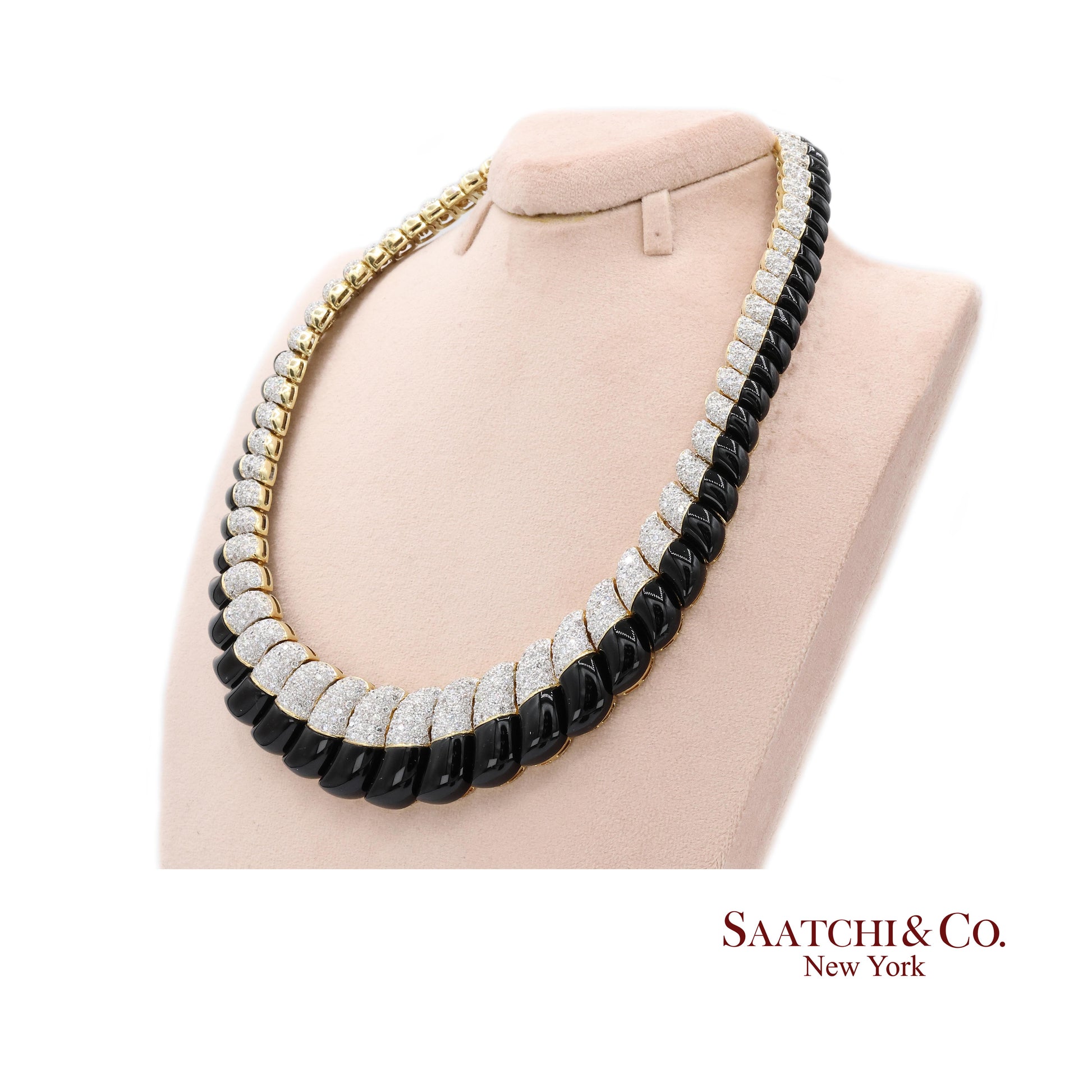 18K White & Yellow Gold Black Natural Onyx Necklace with Natural White Diamonds