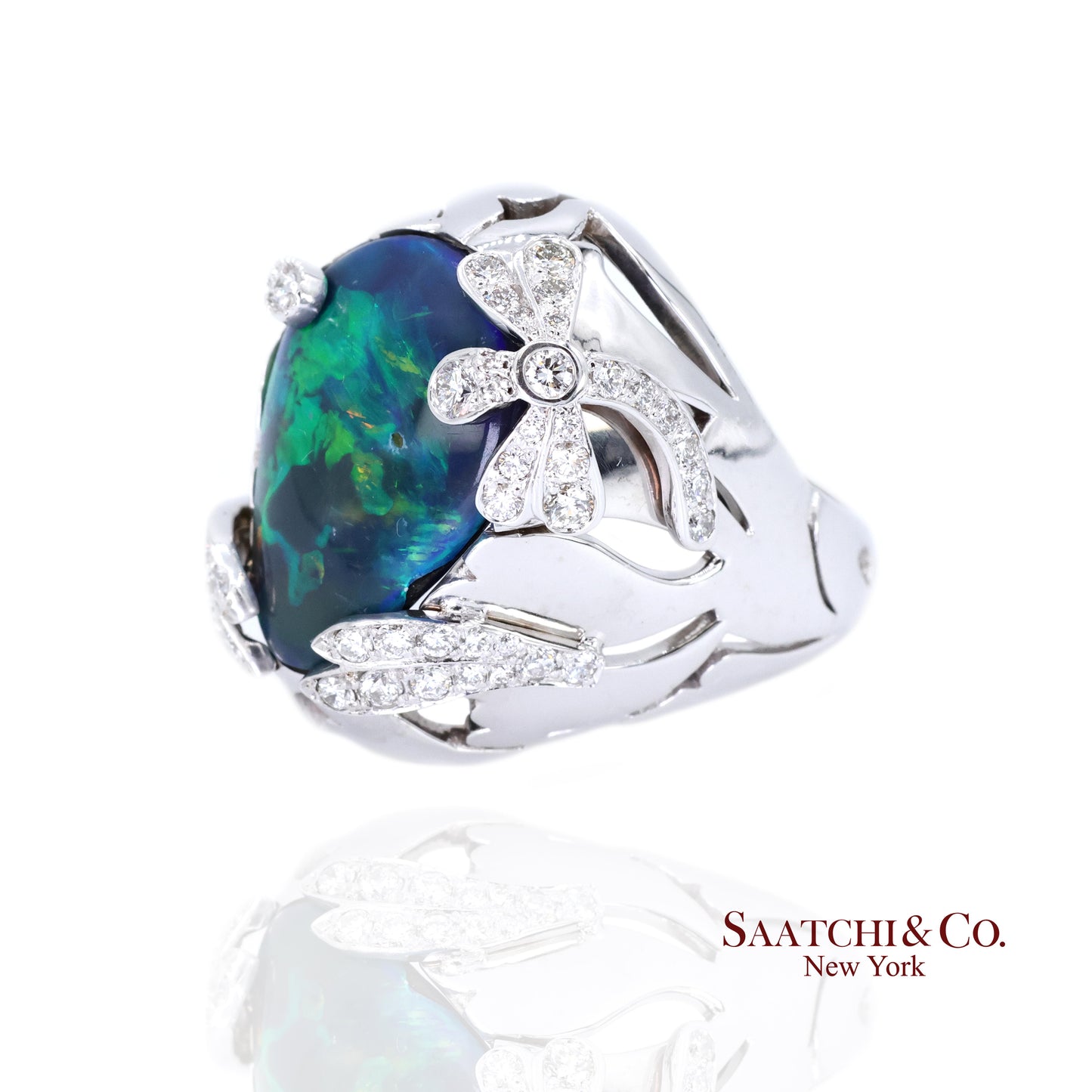 18K (750) White Gold Natural Pear Opal and Diamond Wide Ring