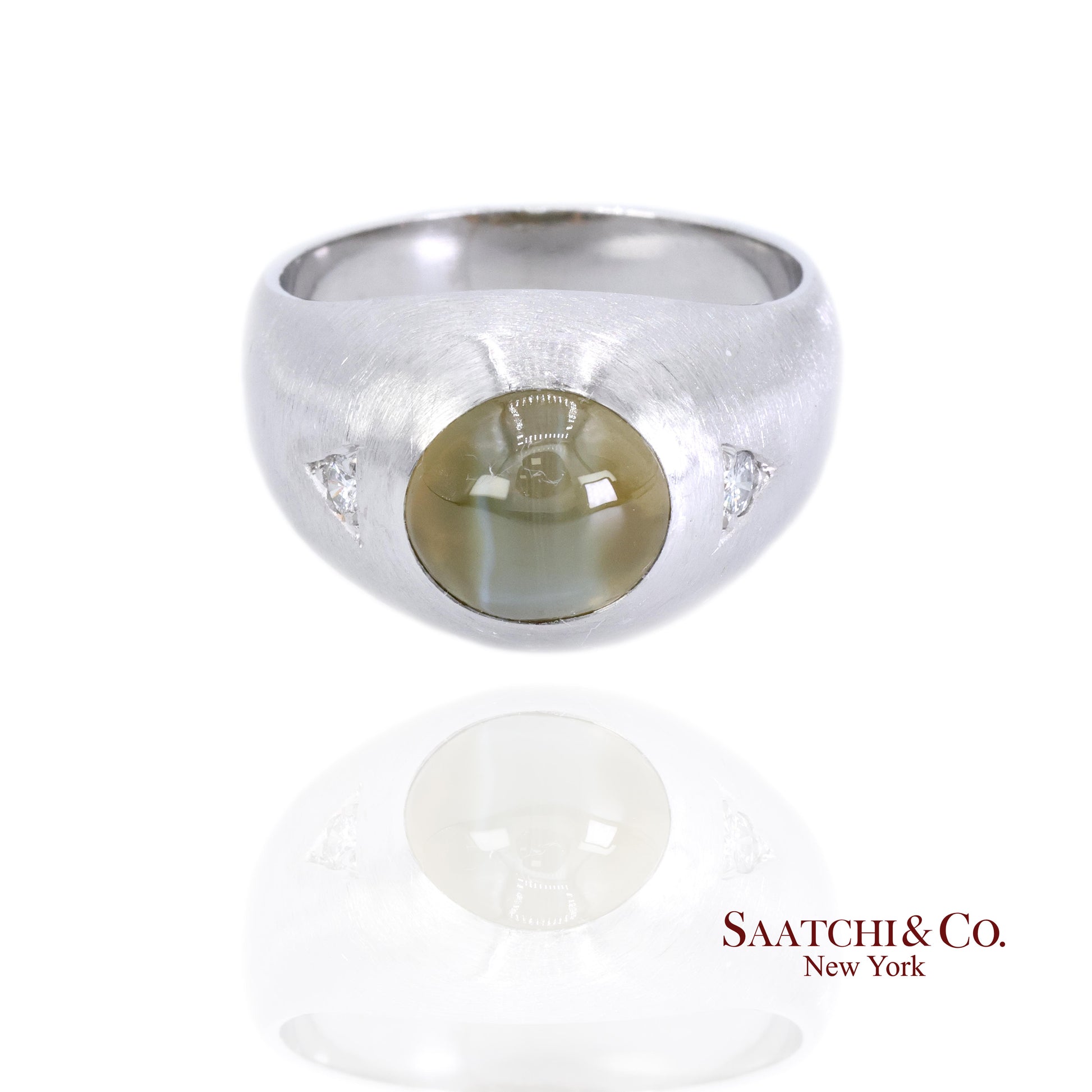 Platinum 950 Natural Chrysoberyl Cat's Eye and Natural Diamond Ring