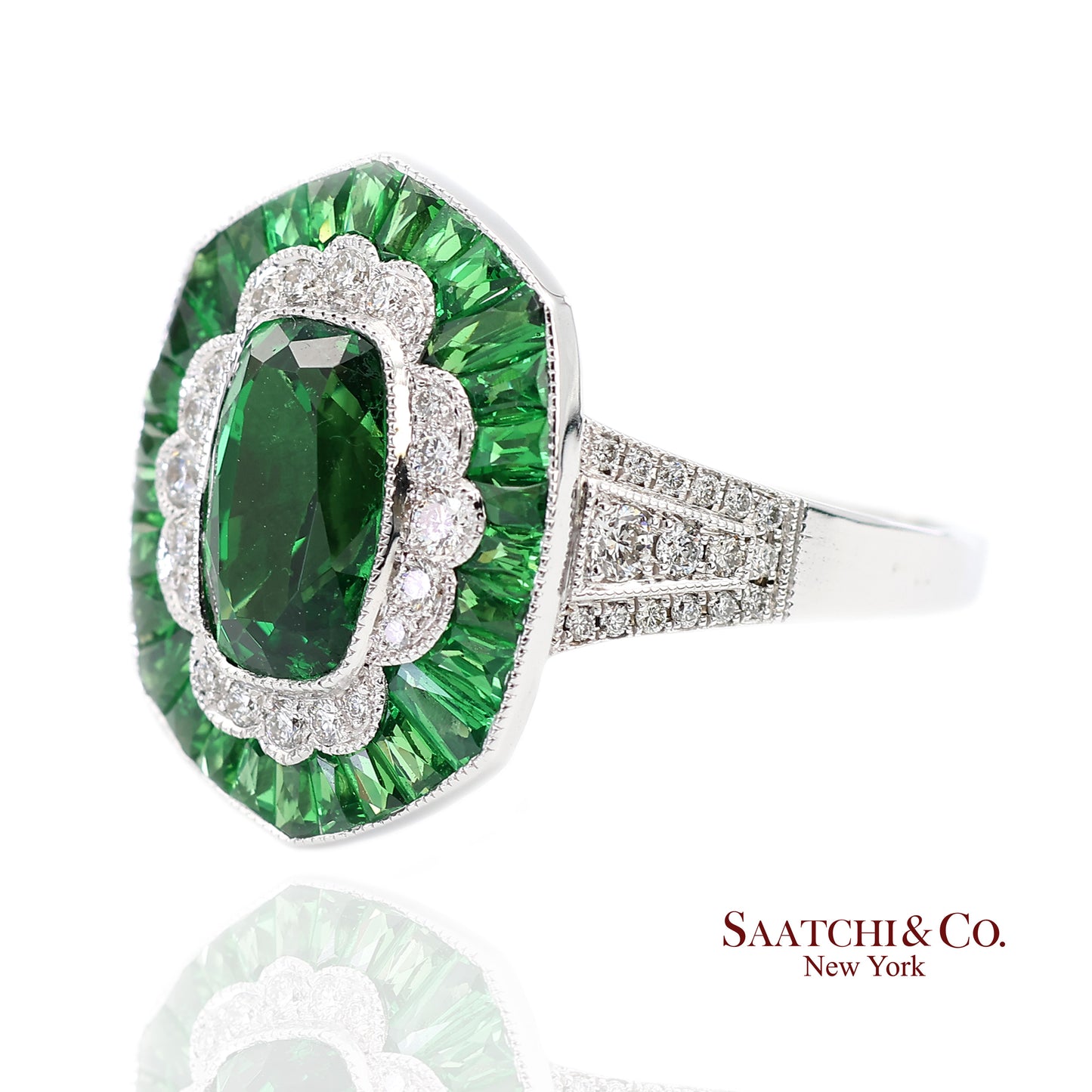18K(750) White Gold Natural Brilliant Diamond and Tsavorite Ring