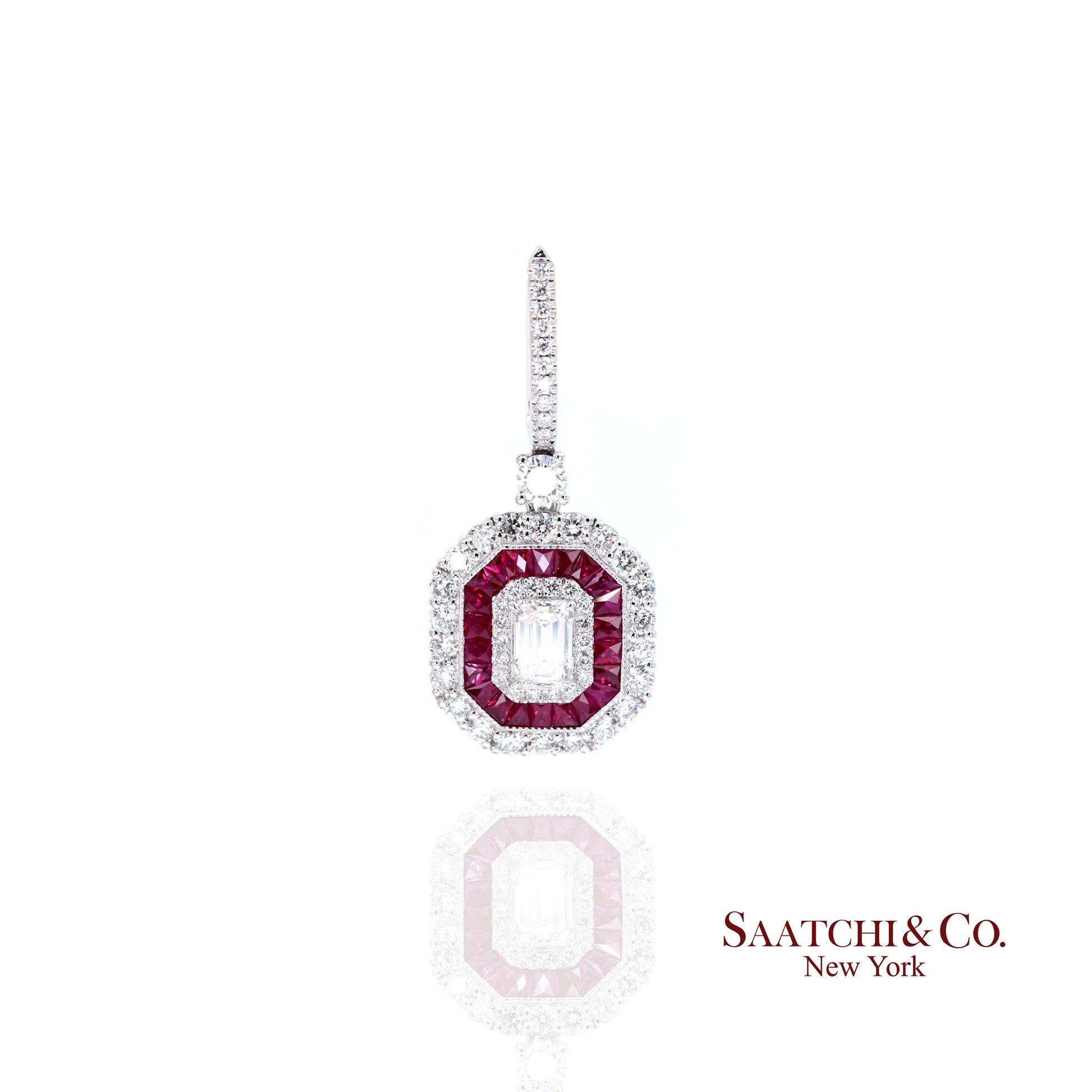 Platinum 950 Dangling Natural Ruby and Diamond Earring