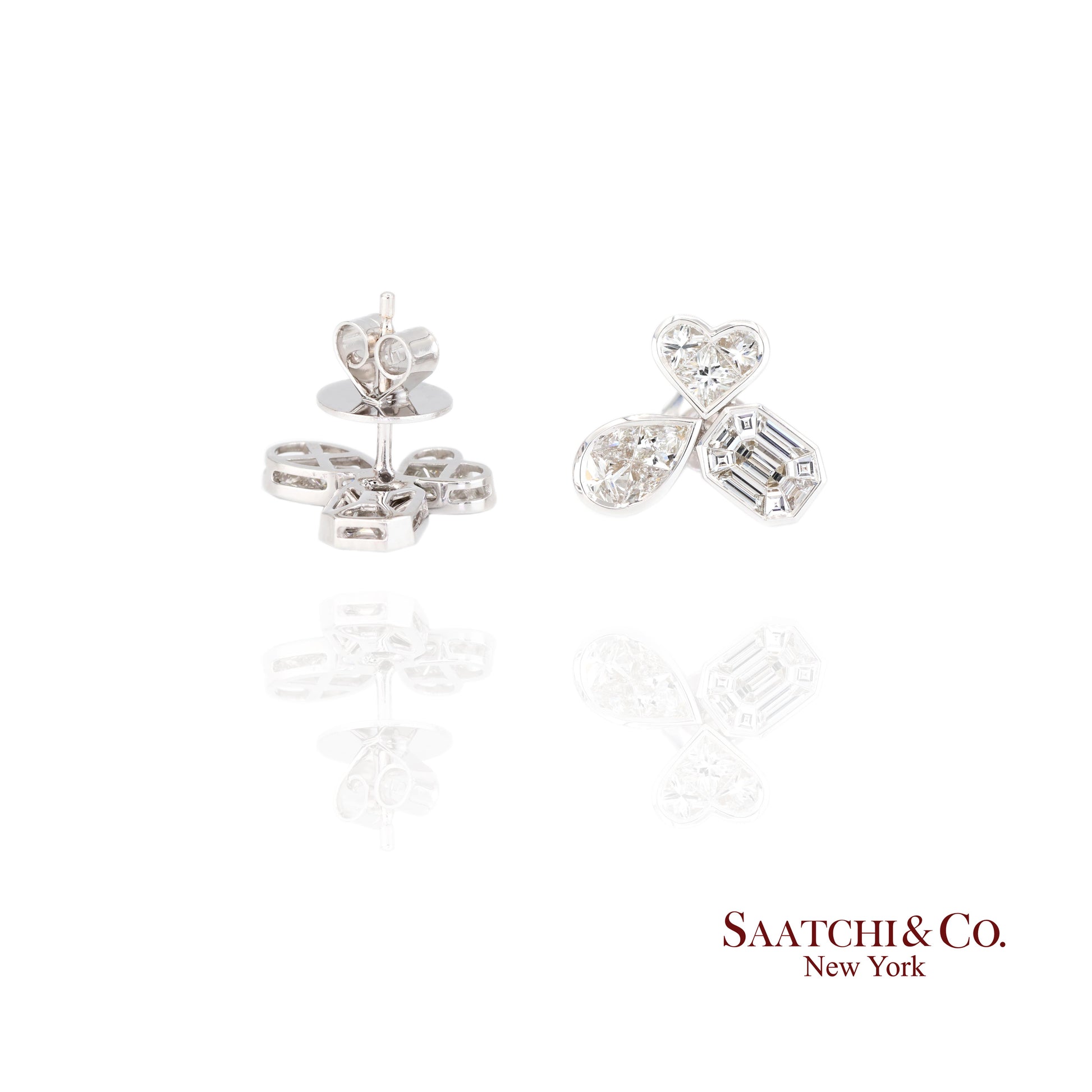 18K white gold Pie cut Pear and Emerald shape natural diamond Earring