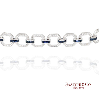 18k Sapphire Diamond Bracelet Womens White Gold 7.42in Milgrain Art Deco