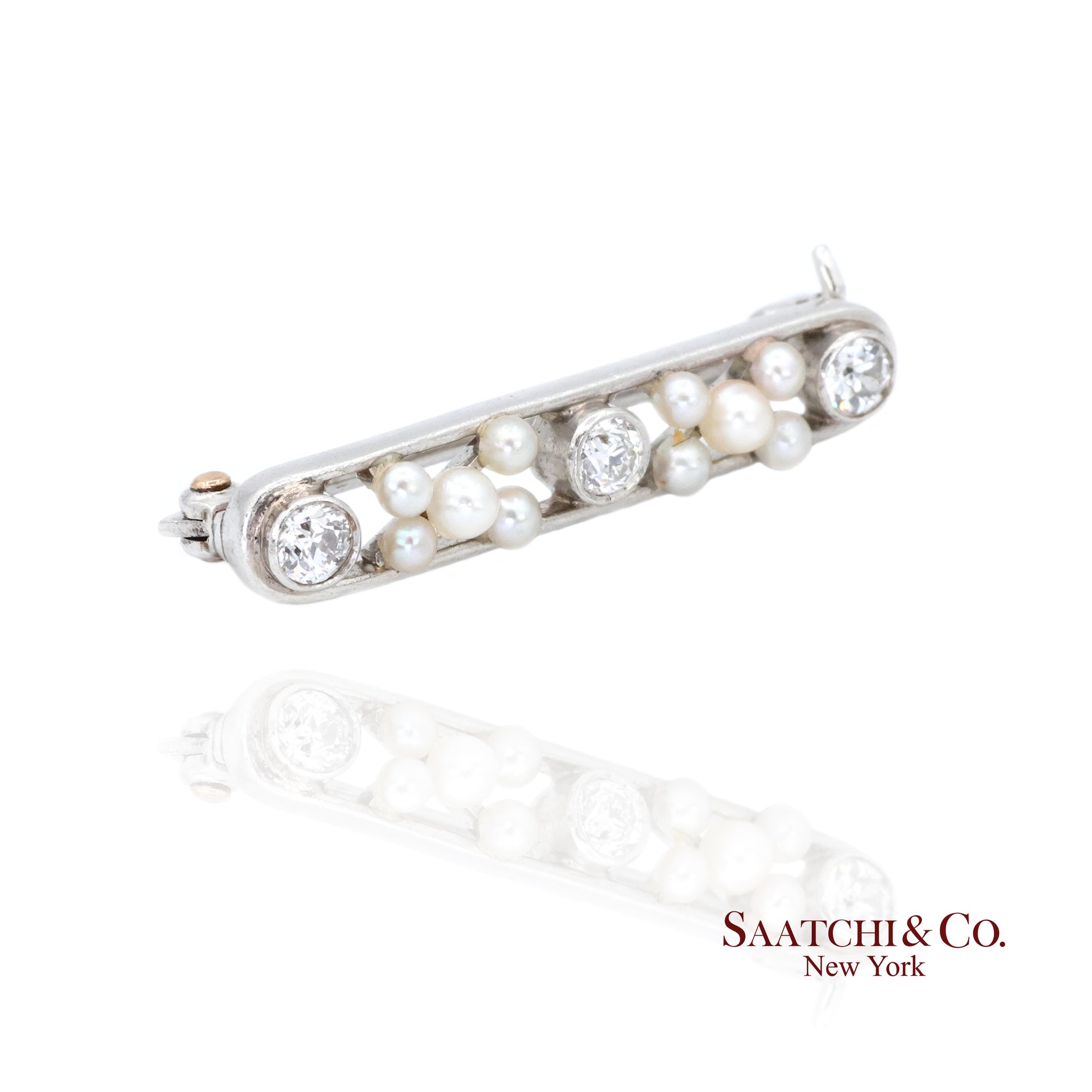Platinum 950 Natural Round Pearl and Natural Diamond Brooch / Pin