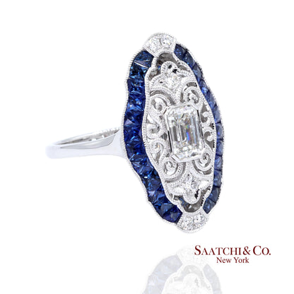 Elegant 18K White Gold Natural Diamond and Blue Sapphire Ring