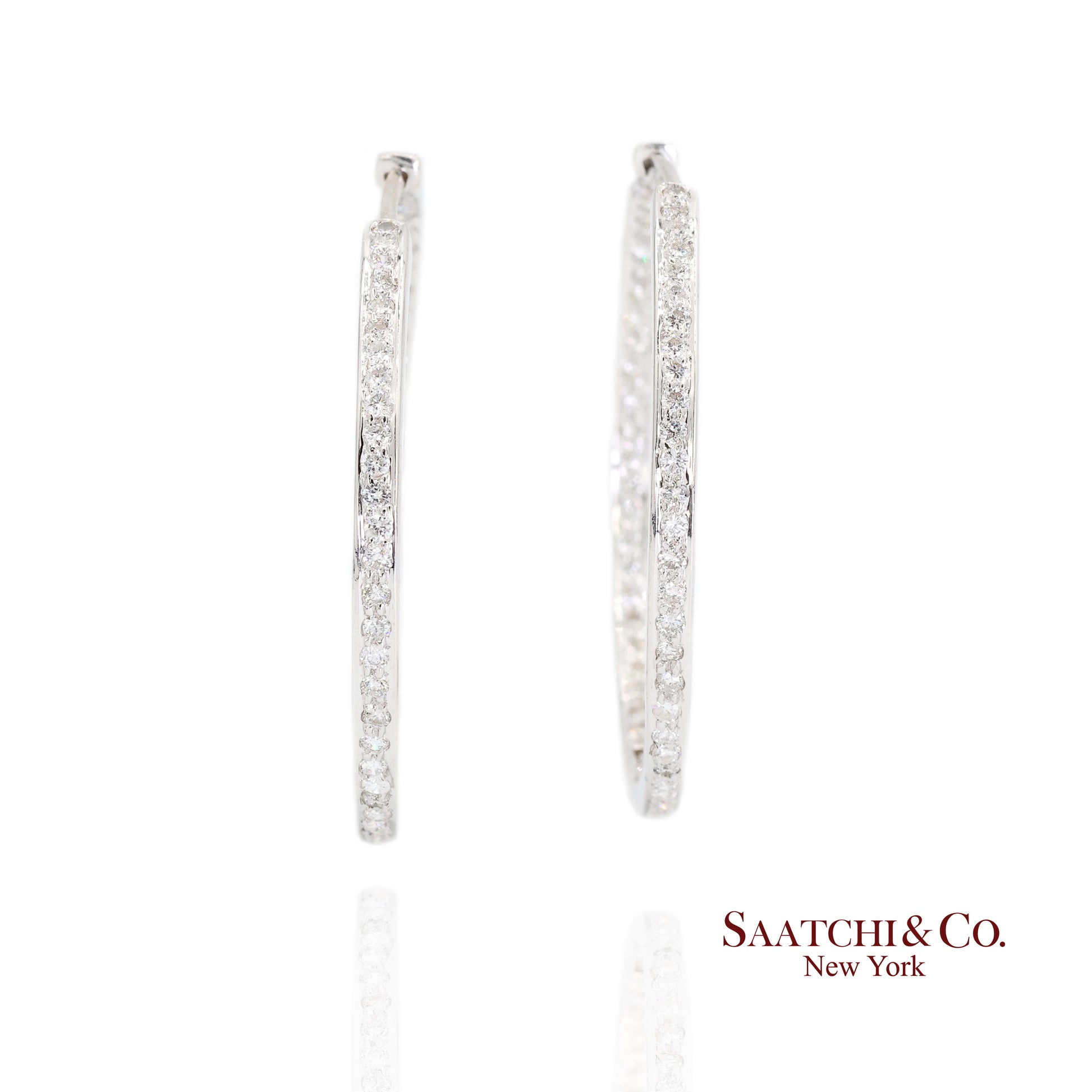 18K White Gold Natural Diamond Hoop Earrings In and Out Diamond
