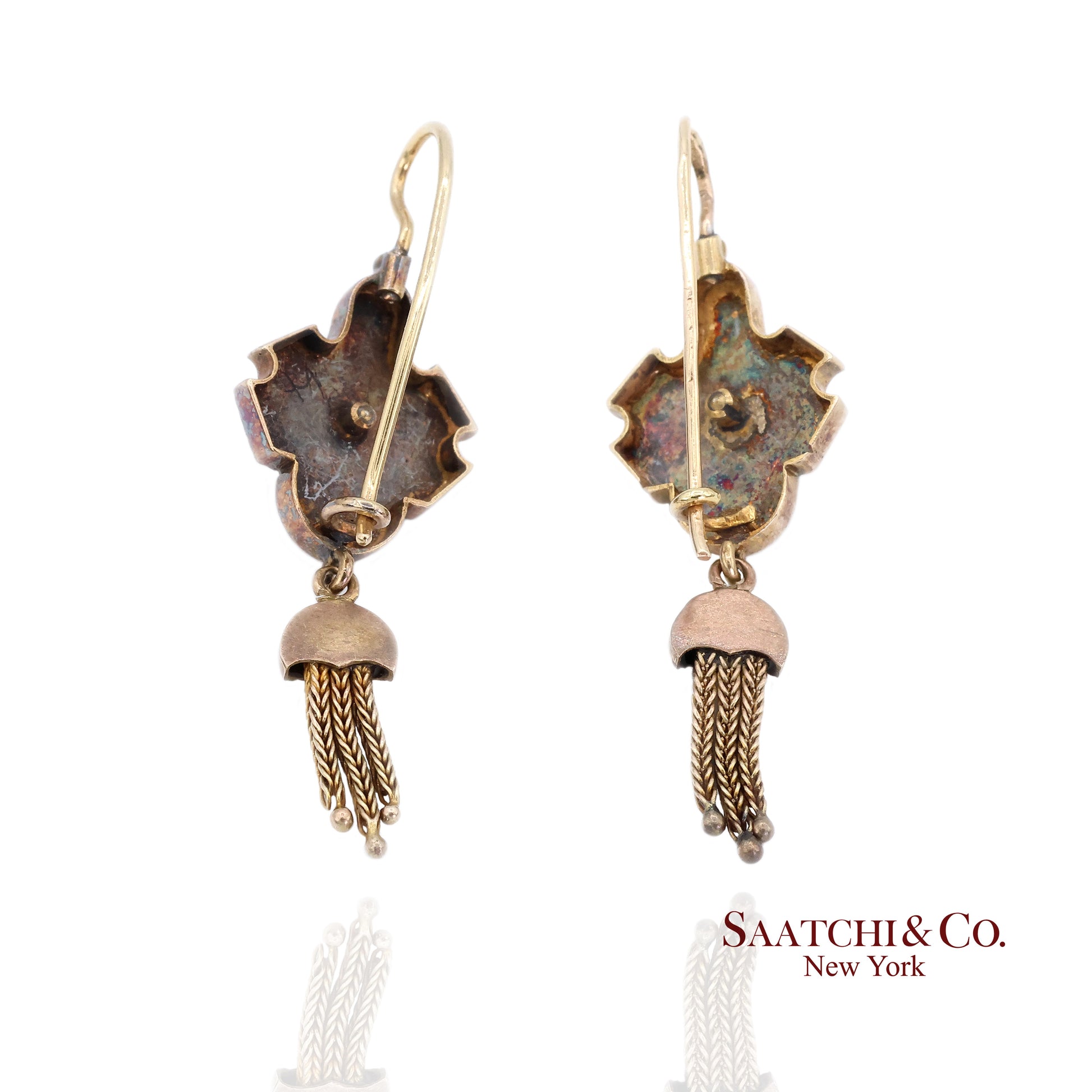 14K Yellow Gold Pearl Enamel Dangling Earring