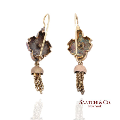 14K Yellow Gold Pearl Enamel Dangling Earring