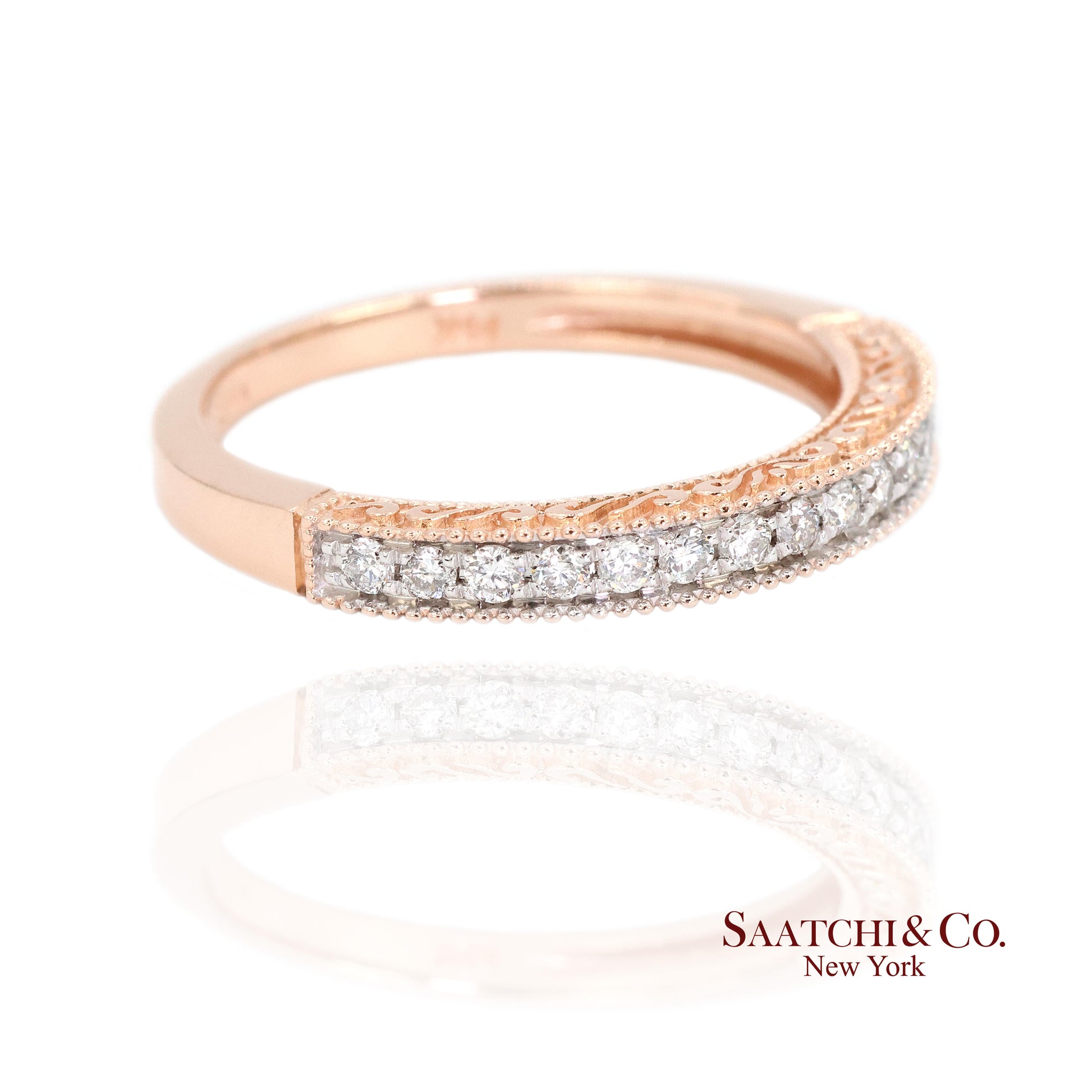 14K (585) Rose Gold Natural Diamond Engraved Band Ring