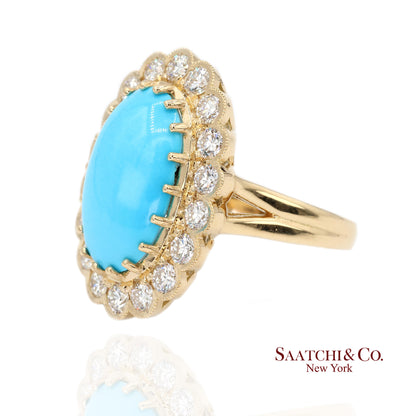 Persian Turquoise Diamond Ring Women Size 7 18K Yellow Gold Glam Luxe