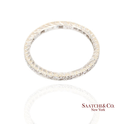 18K (750) White Gold Natural Diamond Engraved Band Ring