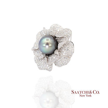 18K(750) White Natural Diamond and Black Pearl Brooch/Pin/Pendant/Necklace