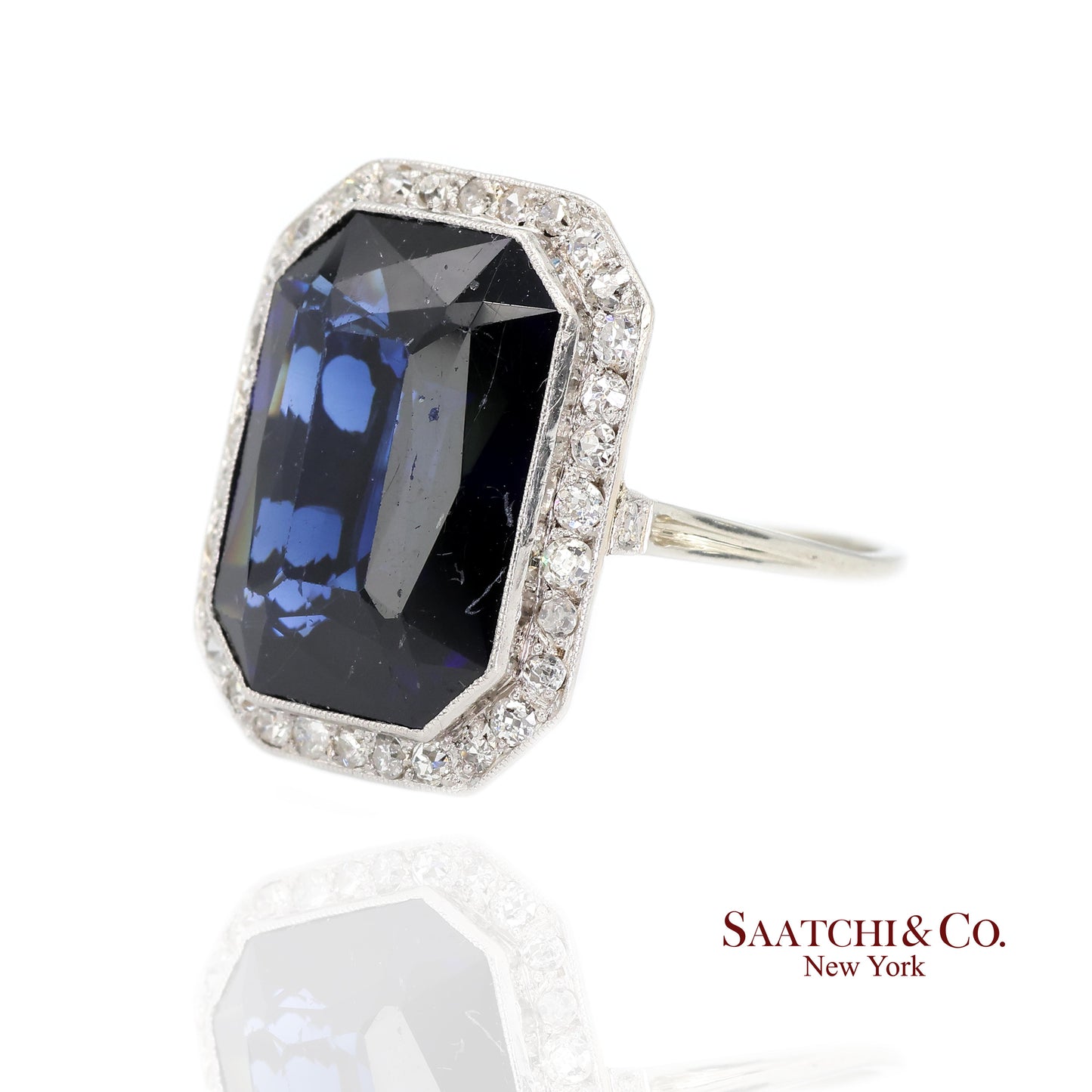 Vintage 18k White Gold Synthetic Sapphire and Natural Diamond Milgrain Ring