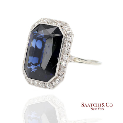 Vintage 18k White Gold Synthetic Sapphire and Natural Diamond Milgrain Ring