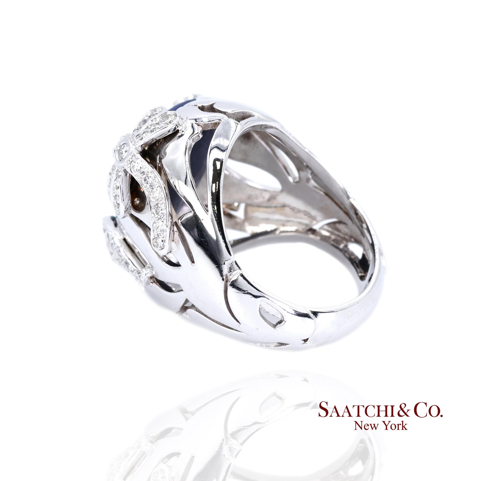 18K (750) White Gold Natural Pear Opal and Diamond Wide Ring