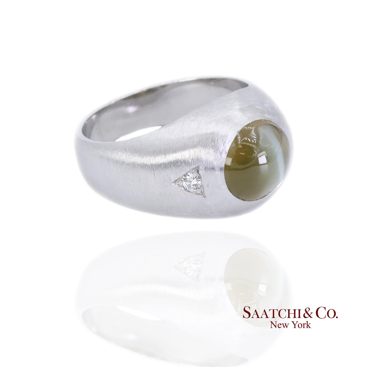 Platinum 950 Natural Chrysoberyl Cat's Eye and Natural Diamond Ring