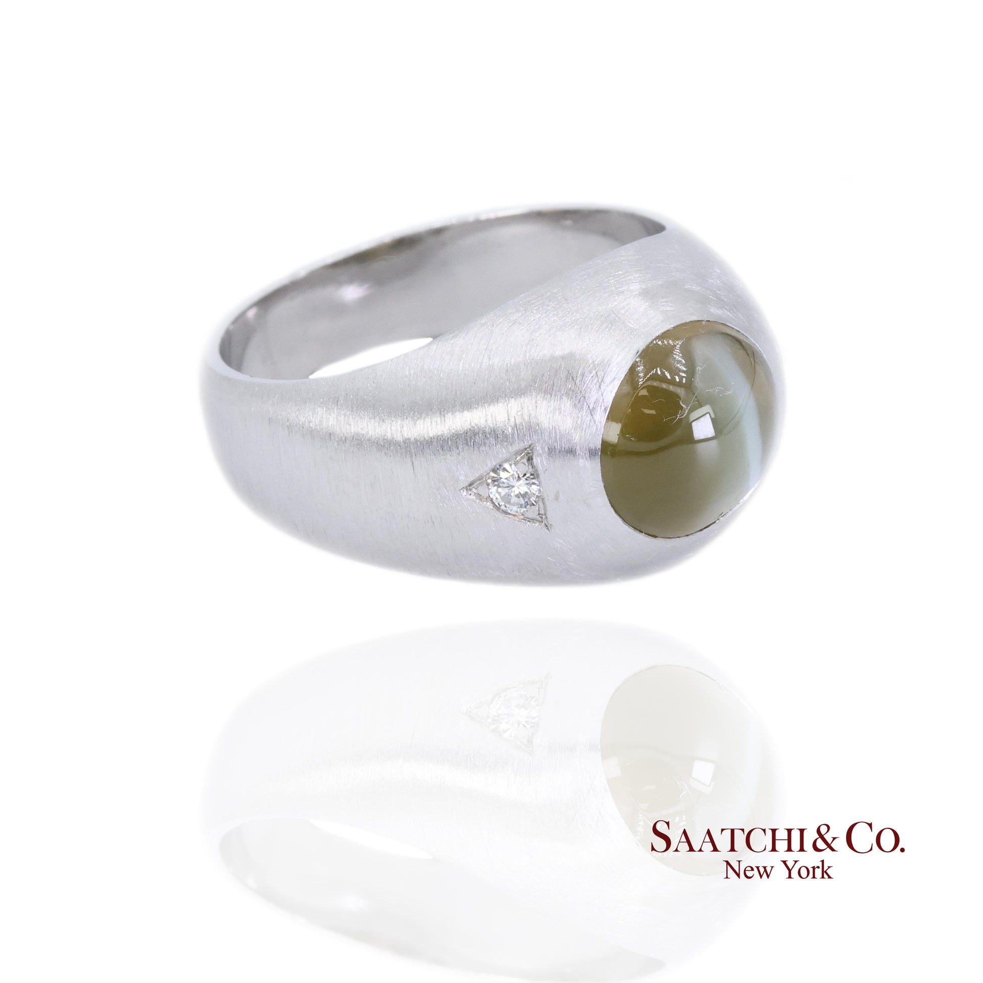 Platinum 950 Natural Chrysoberyl Cat's Eye and Natural Diamond Ring