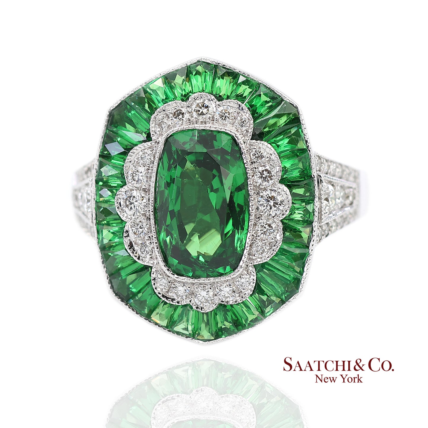 18K(750) White Gold Natural Brilliant Diamond and Tsavorite Ring