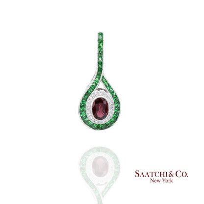 Platinum 950 Dangling Natural Ruby Emerald and Diamond Earring