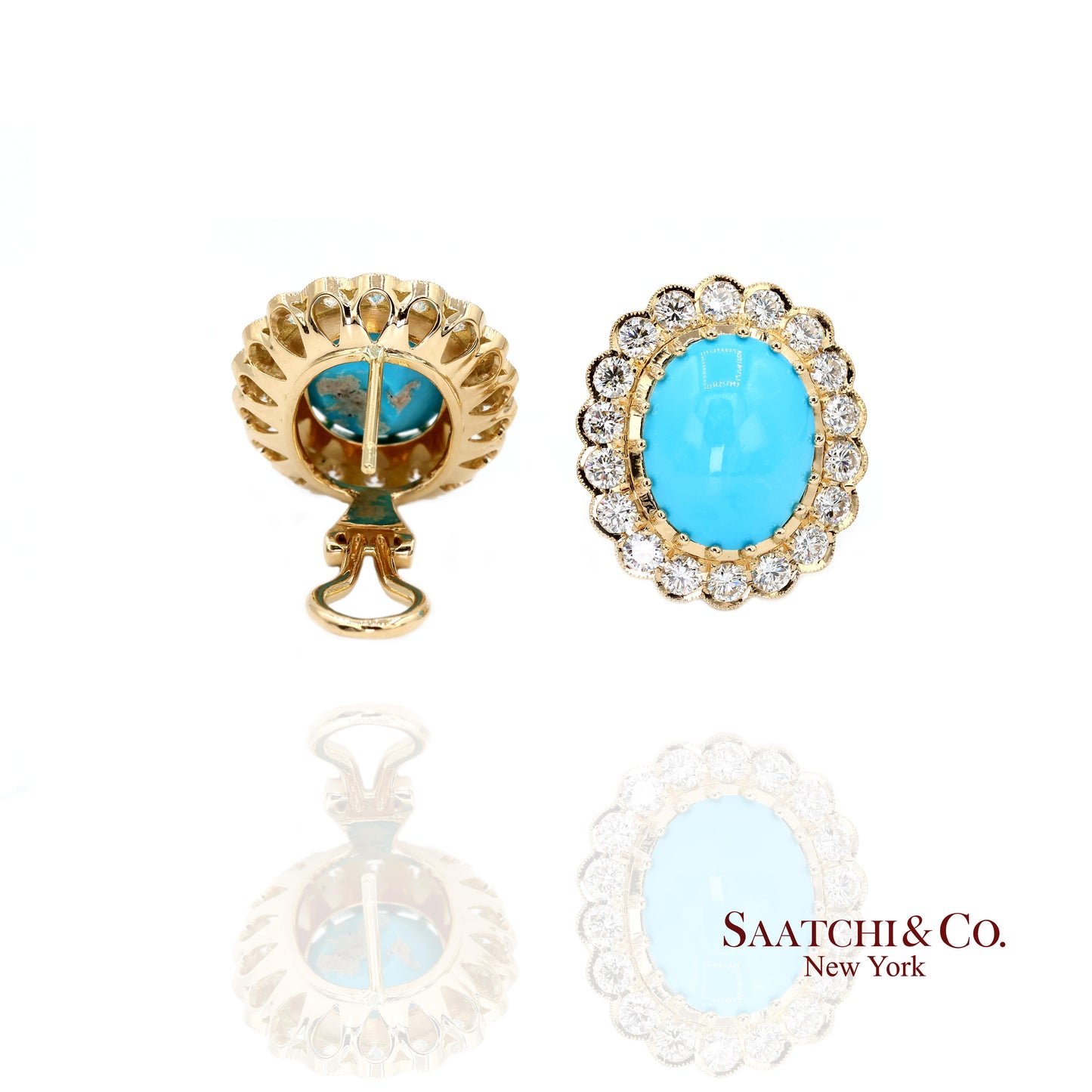 18K Natural Persian Turquoise Diamond Earrings Women Omega Back Style
