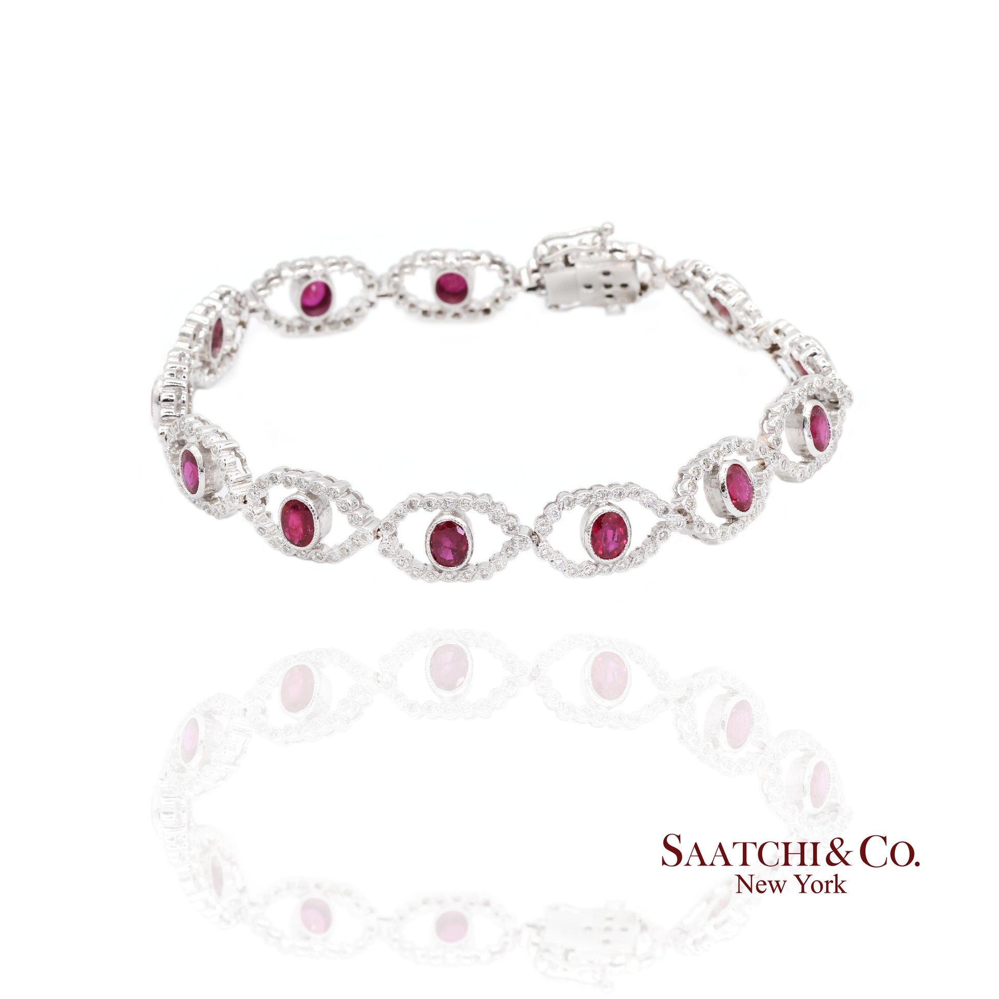18k (750) White Gold Natural Ruby and Diamond Milgrain Bracelet