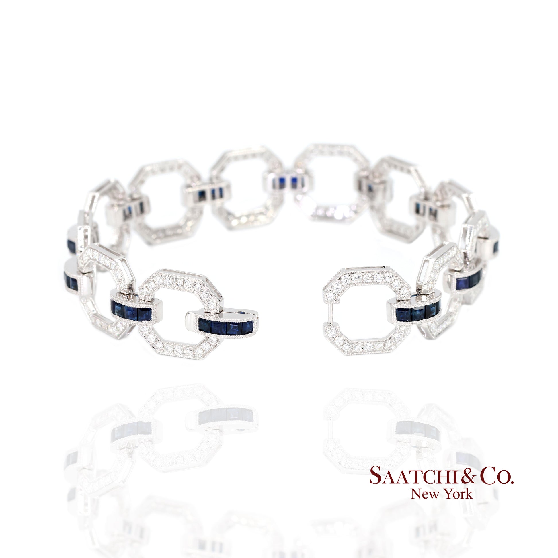 18k Sapphire Diamond Bracelet Womens White Gold 7.42in Milgrain Art Deco