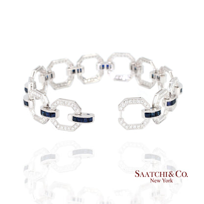 18k Sapphire Diamond Bracelet Womens White Gold 7.42in Milgrain Art Deco