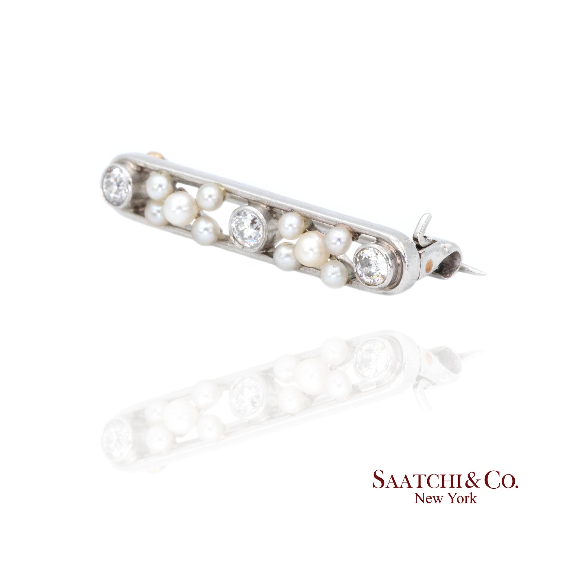 Platinum 950 Natural Round Pearl and Natural Diamond Brooch / Pin