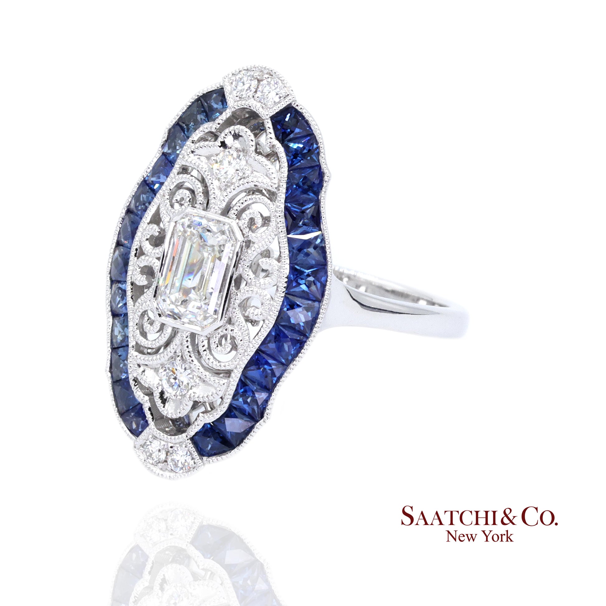 Elegant 18K White Gold Natural Diamond and Blue Sapphire Ring