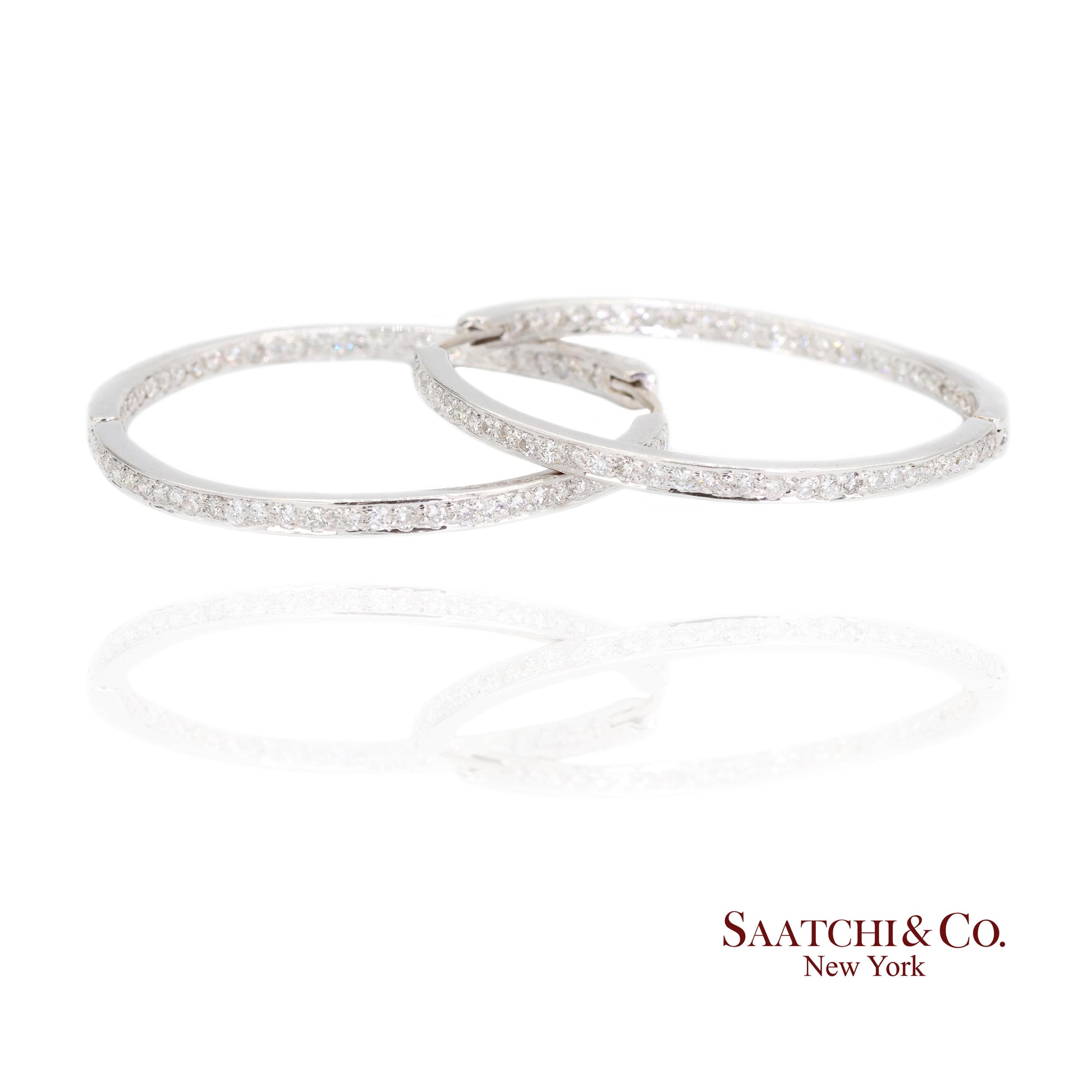 18K White Gold Natural Diamond Hoop Earrings In and Out Diamond
