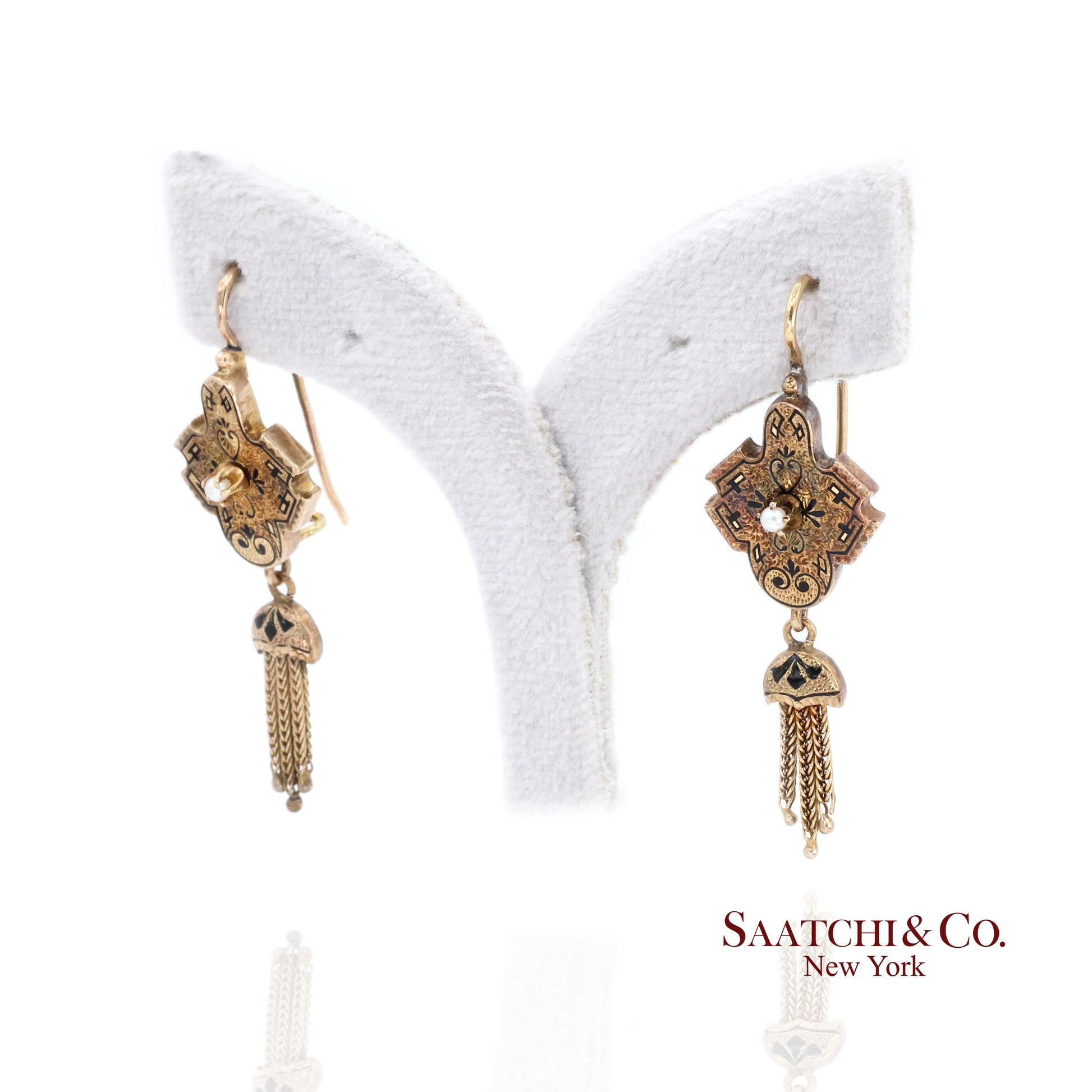 14K Yellow Gold Pearl Enamel Dangling Earring