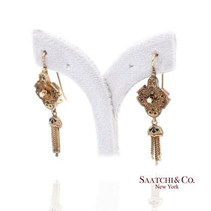 14K Yellow Gold Pearl Enamel Dangling Earring