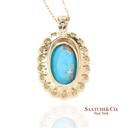 18k Persian Turquoise and Diamond Pendant Womens Yellow Gold Oval Cabochon