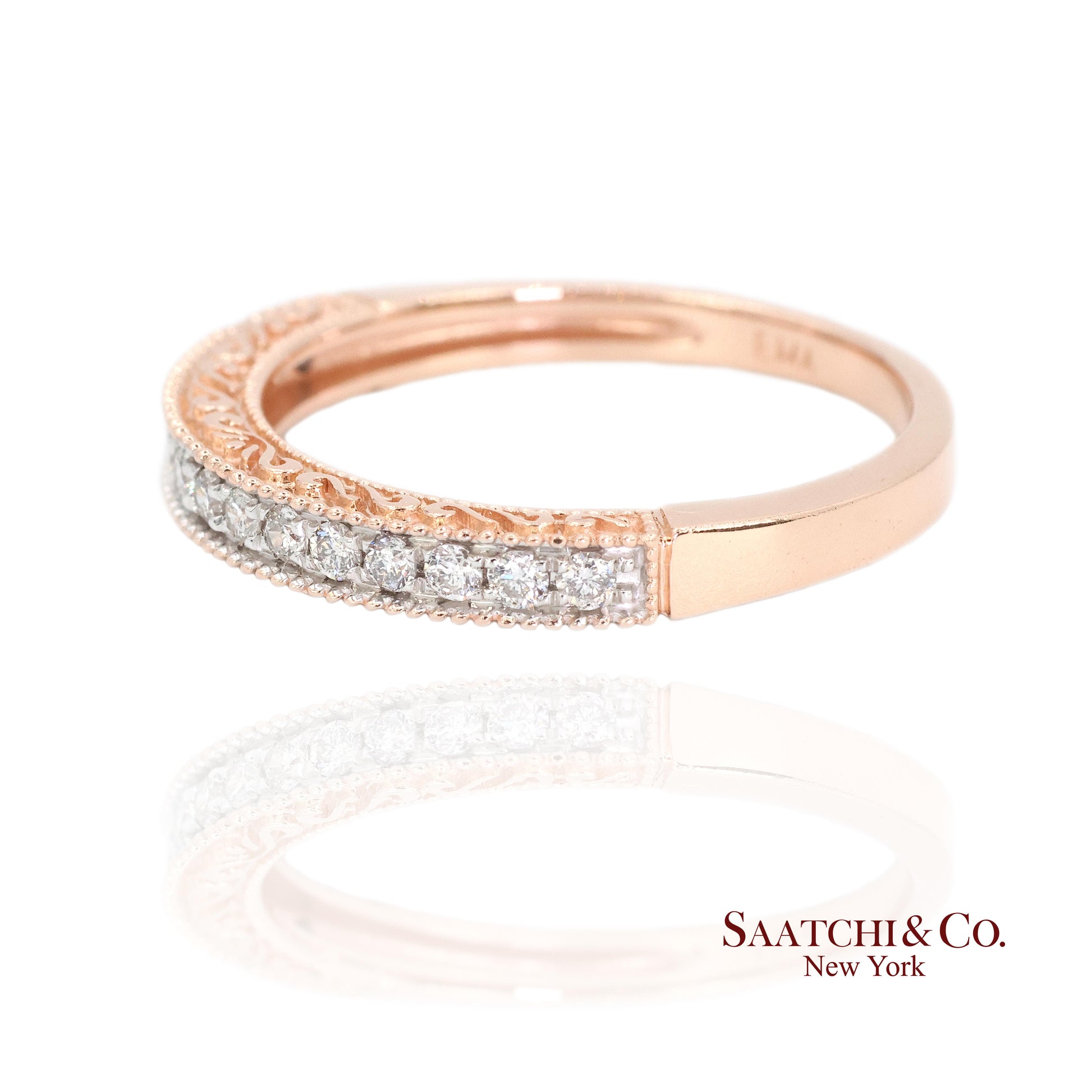 14K (585) Rose Gold Natural Diamond Engraved Band Ring