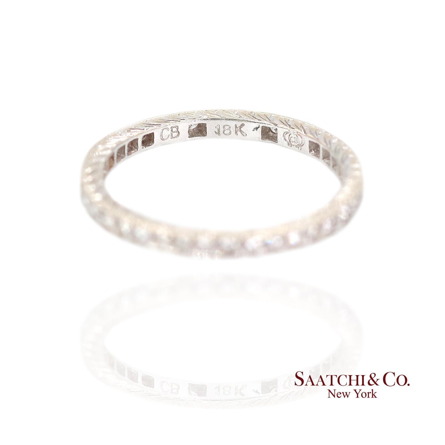 18K (750) White Gold Natural Diamond Engraved Band Ring