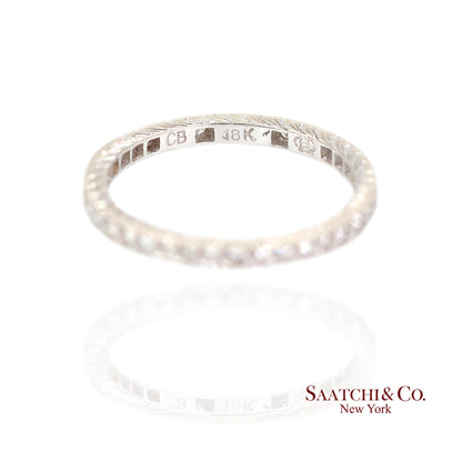 18K (750) White Gold Natural Diamond Engraved Band Ring