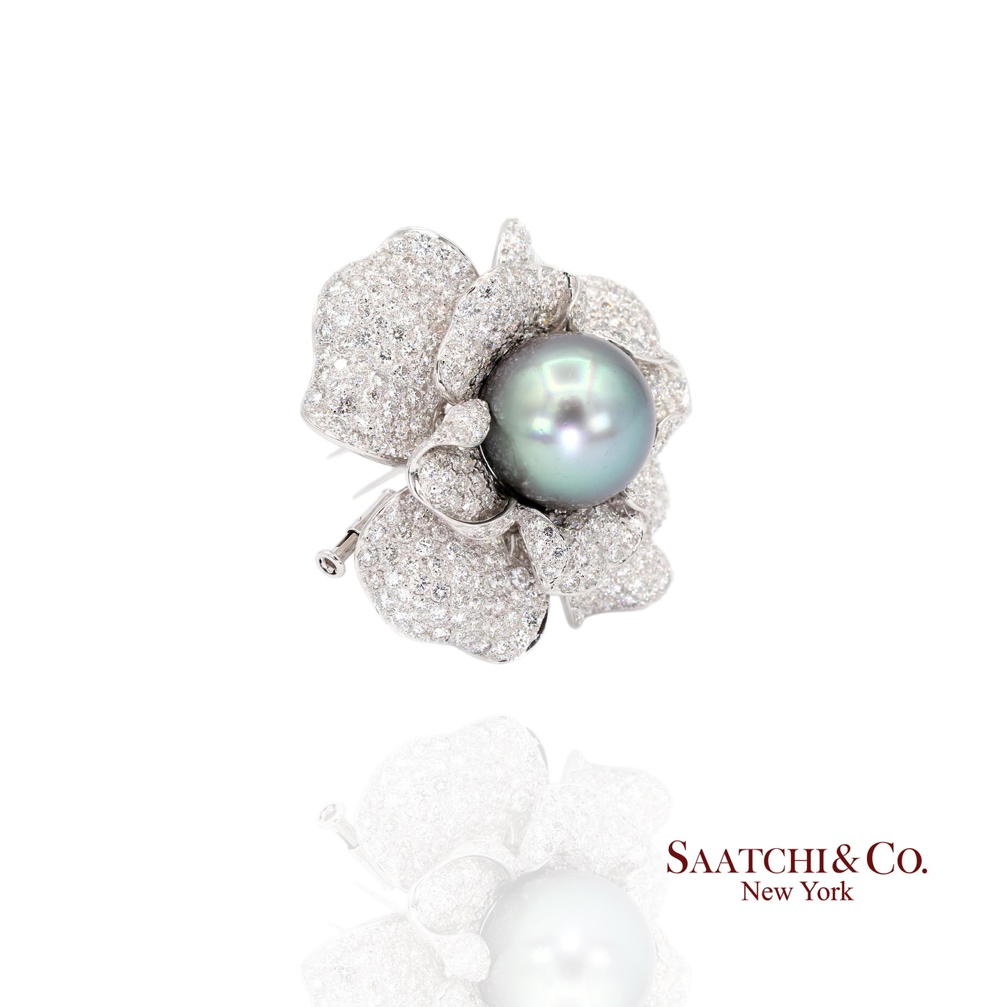 18K(750) White Natural Diamond and Black Pearl Brooch/Pin/Pendant/Necklace