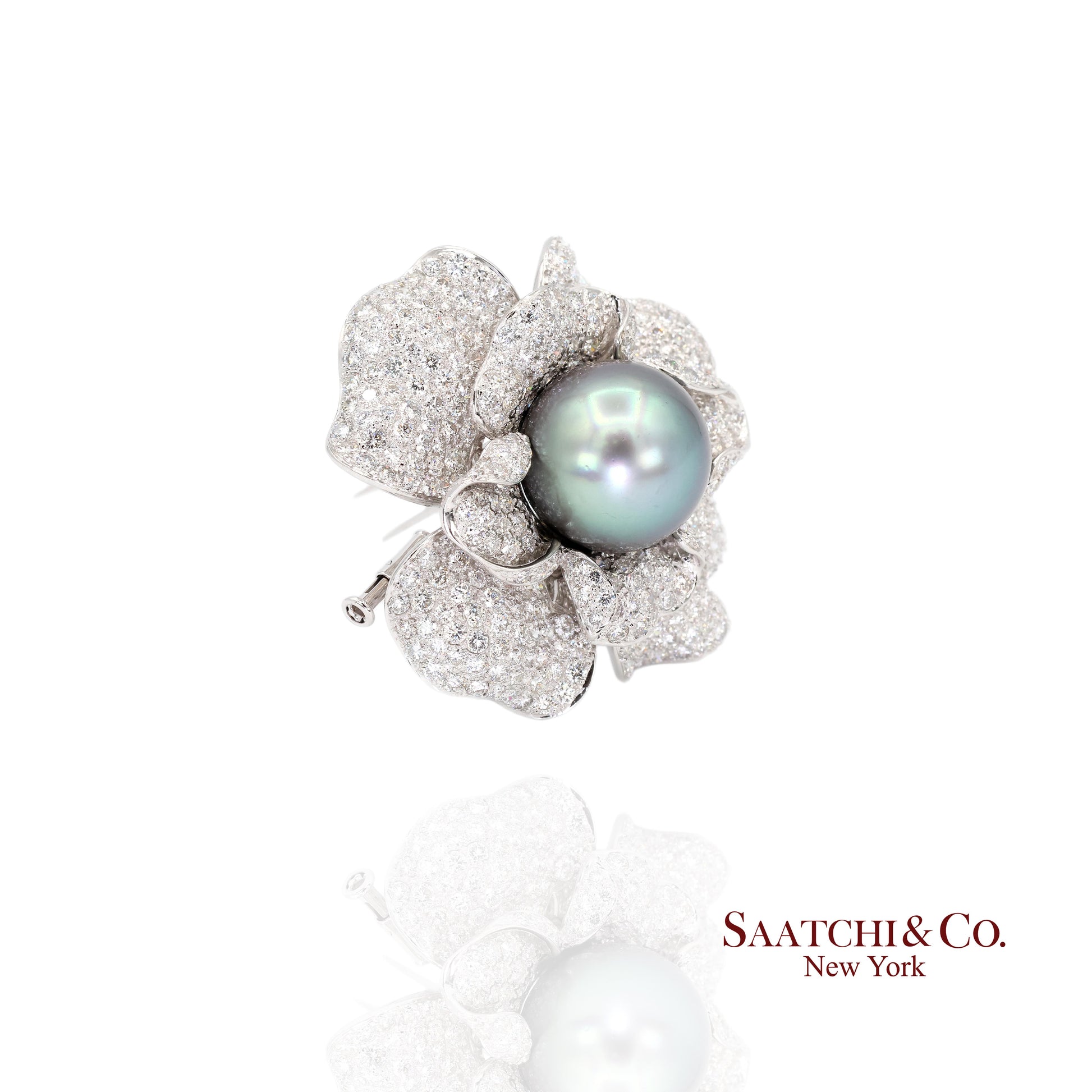 18K(750) White Natural Diamond and Black Pearl Brooch/Pin/Pendant/Necklace