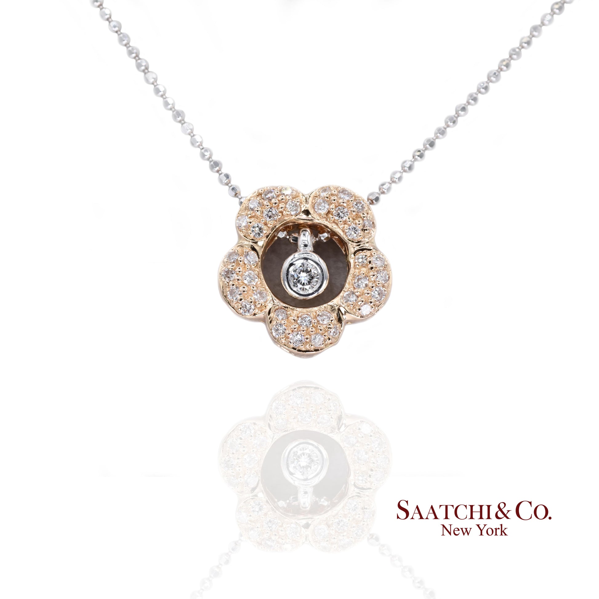 18K 750 Two Tone Rose and White Gold Natural Diamond Flower Pendant with Chain