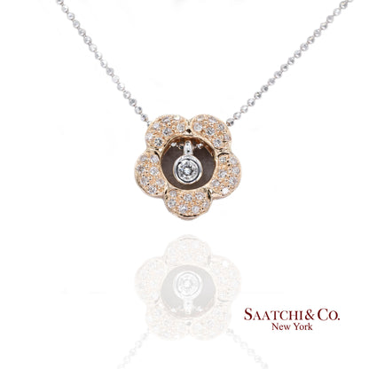 18K 750 Two Tone Rose and White Gold Natural Diamond Flower Pendant with Chain
