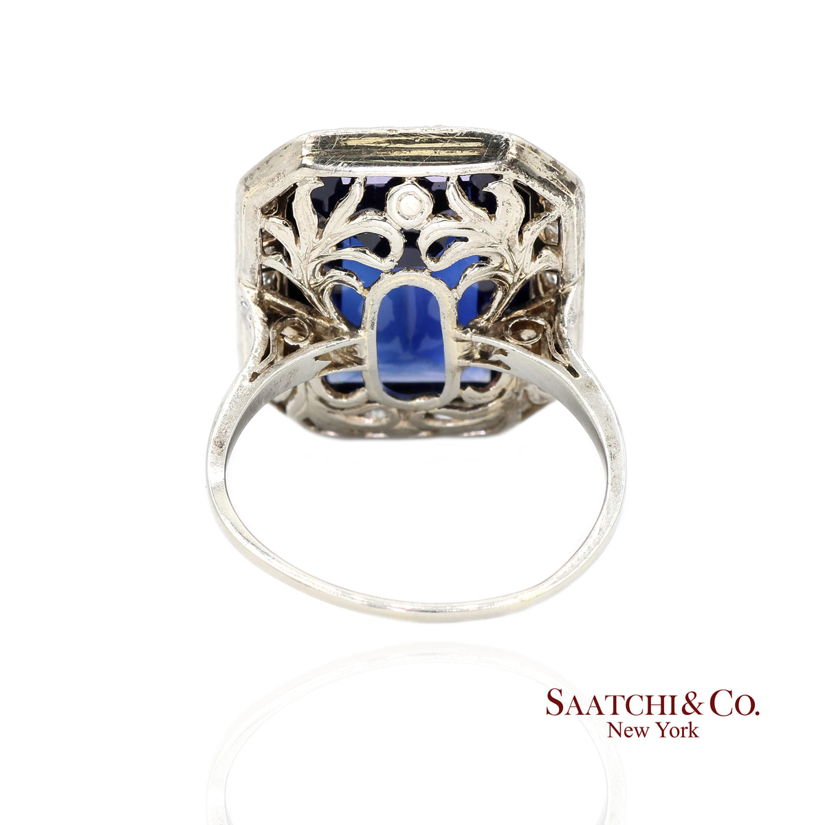 Vintage 18k White Gold Synthetic Sapphire and Natural Diamond Milgrain Ring