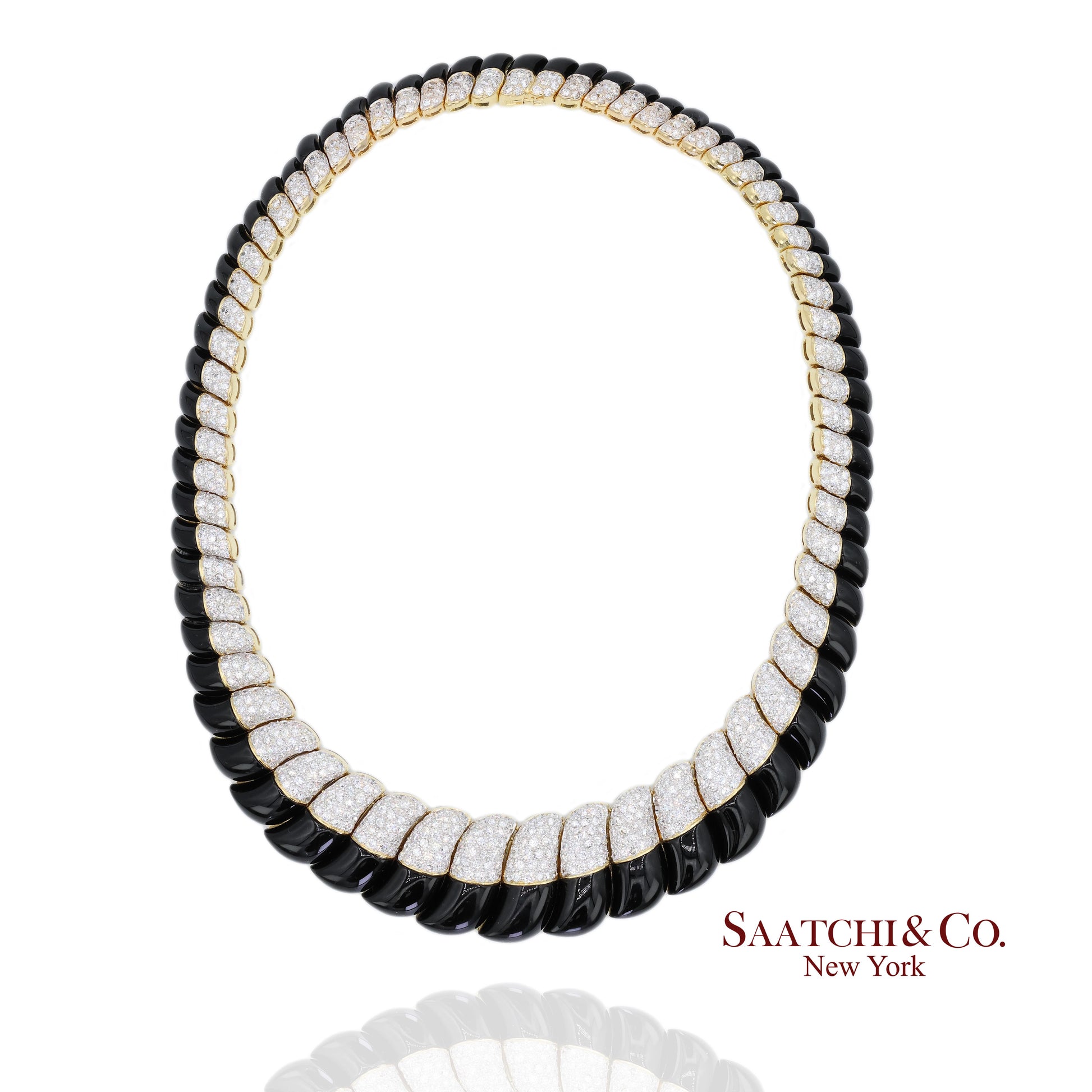 18K White & Yellow Gold Black Natural Onyx Necklace with Natural White Diamonds