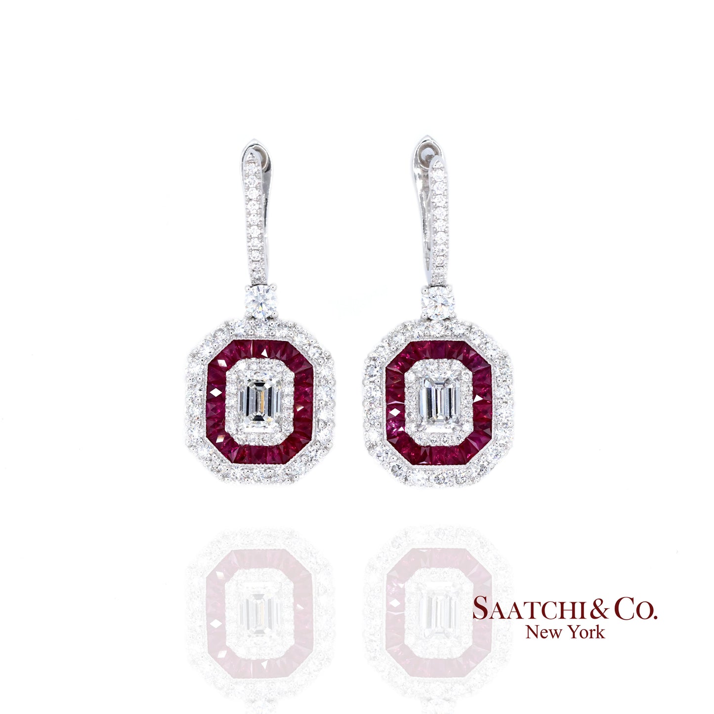 Platinum 950 Dangling Natural Ruby and Diamond Earring