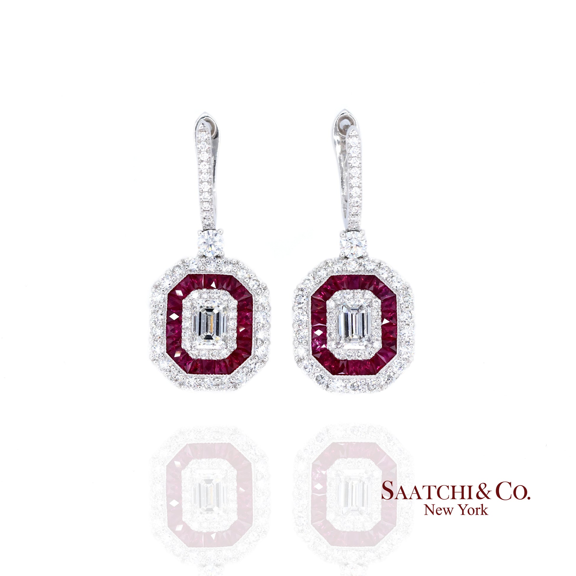 Platinum 950 Dangling Natural Ruby and Diamond Earring