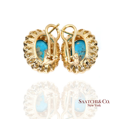 18K Natural Persian Turquoise Diamond Earrings Women Omega Back Style