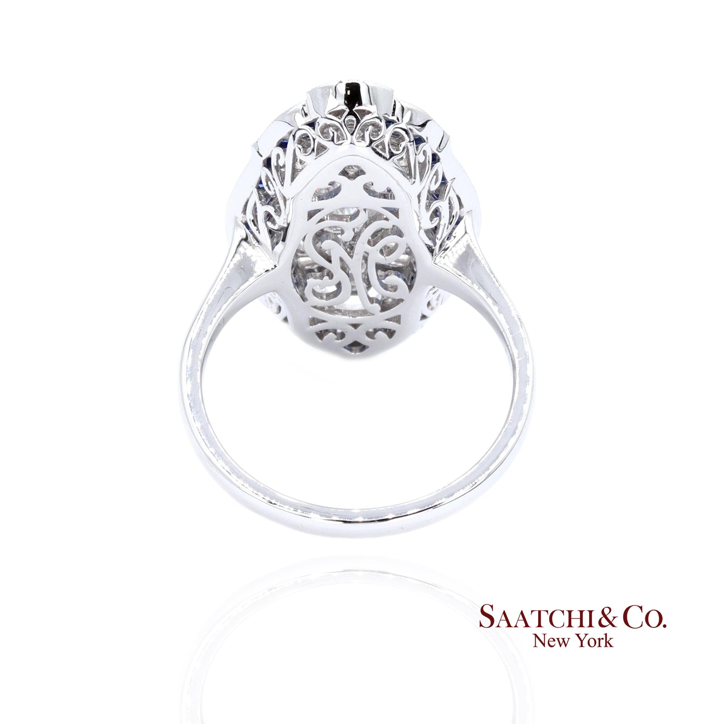 Elegant 18K White Gold Natural Diamond and Blue Sapphire Ring