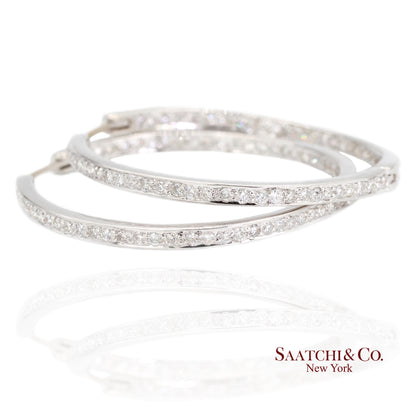 18K White Gold Natural Diamond Hoop Earrings In and Out Diamond