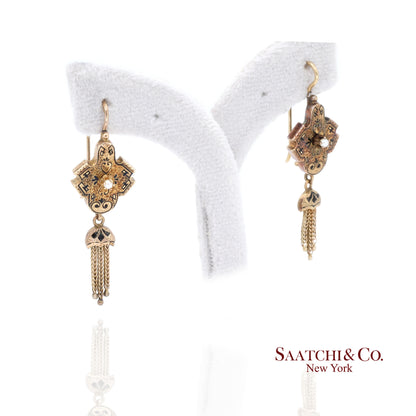14K Yellow Gold Pearl Enamel Dangling Earring