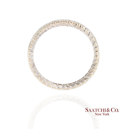 18K (750) White Gold Natural Diamond Engraved Band Ring