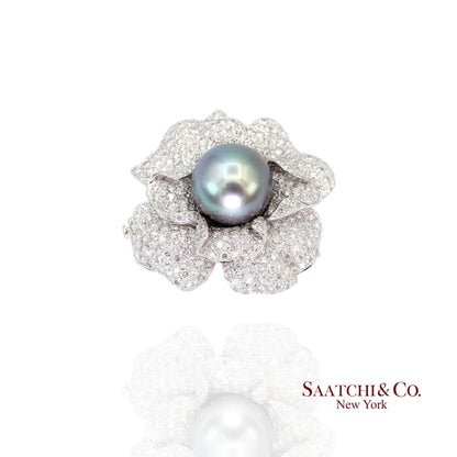 18K(750) White Natural Diamond and Black Pearl Brooch/Pin/Pendant/Necklace